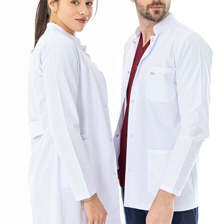 Hakim Yaka Orta Boy Kadın Doktor Önlüğü Alpaka Kumaş Beyaz (BKO002)