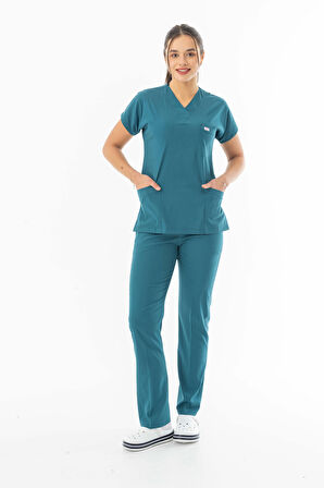 Likra Yarasa Kol Doktor Hemşire Forması Alt Üst Takım Petrol Yeşili (LYRS1015)