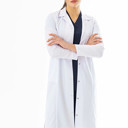Spor Yaka Maxi Boy Kadın Doktor Önlüğü Alpaka Kumaş Beyaz (BKO008)