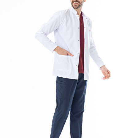 Hakim Yaka Uzun Boy Erkek Doktor Önlüğü Alpaka Kumaş Beyaz (BEO103)