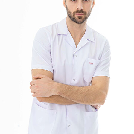 Spor Yaka Kısa Kol Erkek Doktor Önlüğü Alpaka Kumaş Beyaz (BEO106)
