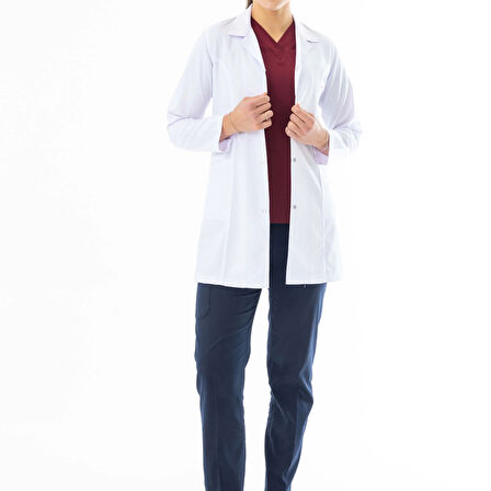Spor Yaka Orta Boy Kadın Doktor Önlüğü Alpaka Kumaş Beyaz (BKO006)