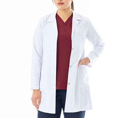 Spor Yaka Orta Boy Kadın Doktor Önlüğü Alpaka Kumaş Beyaz (BKO006)
