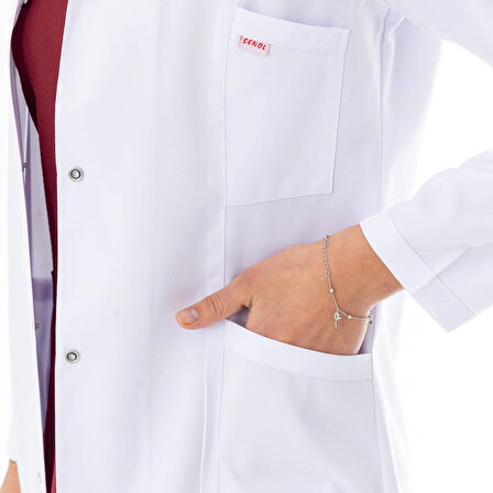 Spor Yaka Orta Boy Kadın Doktor Önlüğü Alpaka Kumaş Beyaz (BKO006)