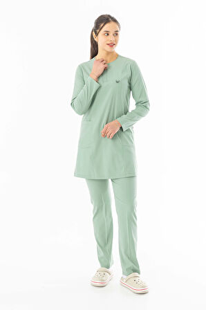Likra Uzun Kol Doktor Hemşire Forması Alt Üst Takım Küf Yeşili (LTST20020)