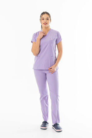 Likra Yarasa Kol Doktor Hemşire Forması Alt Üst Takım Lila (LYRS1019)