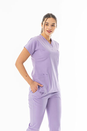 Likra Yarasa Kol Doktor Hemşire Forması Alt Üst Takım Lila (LYRS1019)