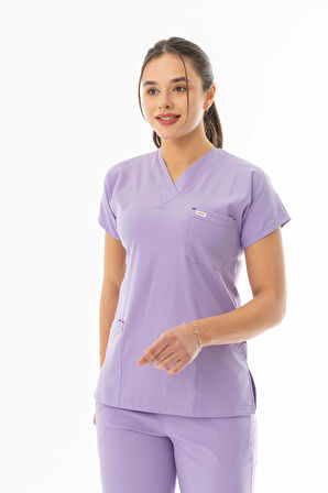 Likra Yarasa Kol Doktor Hemşire Forması Alt Üst Takım Lila (LYRS1019)