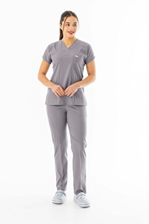 Likra Yarasa Kol Doktor Hemşire Forması Alt Üst Takım Açık Gri (LYRS1010)