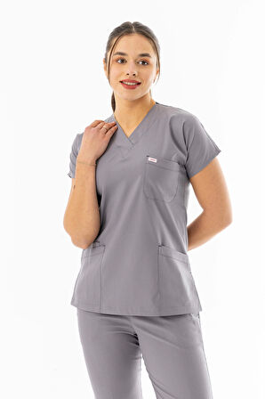 Likra Yarasa Kol Doktor Hemşire Forması Alt Üst Takım Açık Gri (LYRS1010)