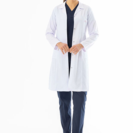 Spor Yaka Uzun Boy Kadın Doktor Önlüğü Alpaka Kumaş Beyaz (BKO007)