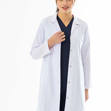 Spor Yaka Uzun Boy Kadın Doktor Önlüğü Alpaka Kumaş Beyaz (BKO007)