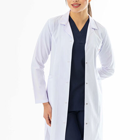 Spor Yaka Uzun Boy Kadın Doktor Önlüğü Alpaka Kumaş Beyaz (BKO007)