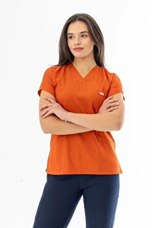 Gofre Likra Yarasa Kol Doktor Hemşire Tek Üst Forma Kiremit (GFR3007)