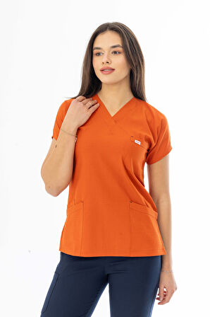 Gofre Likra Yarasa Kol Doktor Hemşire Tek Üst Forma Kiremit (GFR3007)