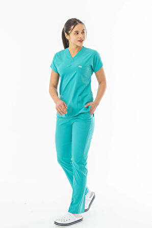 Likra Yarasa Kol Doktor Hemşire Forması Alt Üst Takım Turkuaz (LYRS1017)
