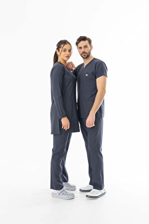 Likra Uzun Kol Doktor Hemşire Forması Alt Üst Takım Füme Gri (LTST20014)