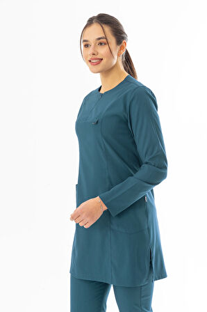 Likra Uzun Kol Doktor Hemşire Forması Alt Üst Takım Petrol Yeşili (LTST20021)