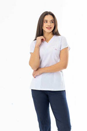 Gofre Likra Yarasa Kol Doktor Hemşire Tek Üst Forma  Beyaz (GFR3003)