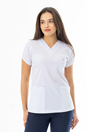 Gofre Likra Yarasa Kol Doktor Hemşire Tek Üst Forma  Beyaz (GFR3003)