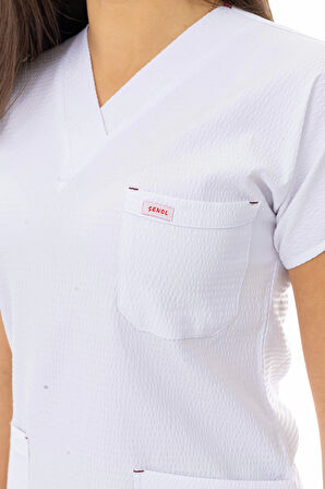 Gofre Likra Yarasa Kol Doktor Hemşire Tek Üst Forma  Beyaz (GFR3003)