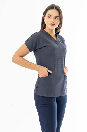 Gofre Likra Yarasa Kol Doktor Hemşire Tek Üst Forma Füme Gri (GFR3005)