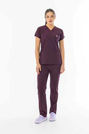 Likra Yarasa Kol Doktor Hemşire Forması Alt Üst Takım Mürdüm (LYRS1012)