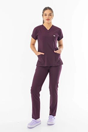 Likra Yarasa Kol Doktor Hemşire Forması Alt Üst Takım Mürdüm (LYRS1012)