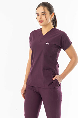 Likra Yarasa Kol Doktor Hemşire Forması Alt Üst Takım Mürdüm (LYRS1012)