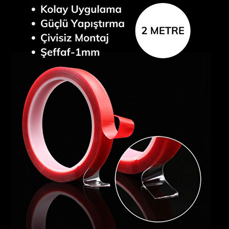 Meleners® 2 Metre Şeffaf Ekstra Güçlü Banyo Mutfak Posta Ofis Çift Taraflı Akrilik Silikon VHB Bant
