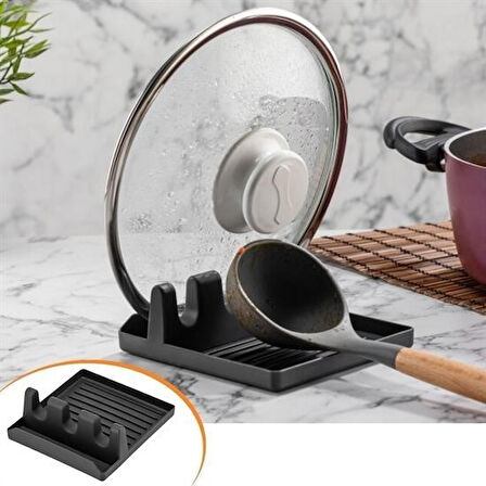 Meleners® Tencere Kapak Tutuculu Kaşıklıklı Tencere Kapak Standı Pratik Kaşık Kepçe Altlık Düzenleyici