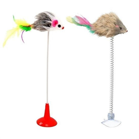 Meleners® 2li Vantuzlu Fareli Tüylü Hareketli Çanlı ve Esneyen Eğlenceli Peluş Kedi Oyuncağı
