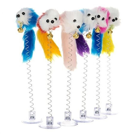 Meleners® 2li Vantuzlu Fareli Tüylü Hareketli Çanlı ve Esneyen Eğlenceli Peluş Kedi Oyuncağı