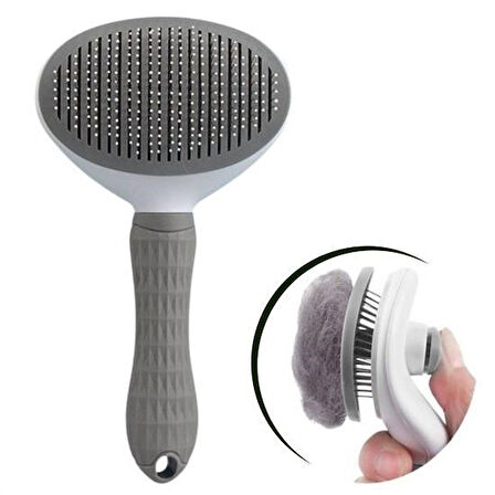 Meleners® Kedi Köpek Tüy Toplayıcı Kendini Temizleyebilen Ergonomik Rahat Evcil Hayvan Tarağı Gri