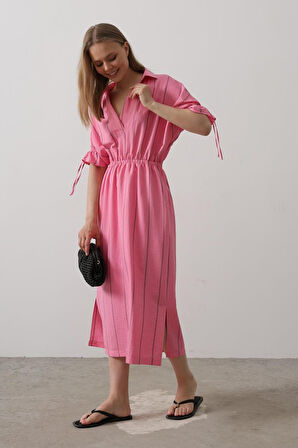 Beli Lastikli Elbise - Pembe