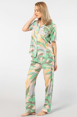 Türen Kadın Desenli Kısa Kol Dokuma Pijama Takım 3604/Yeşil