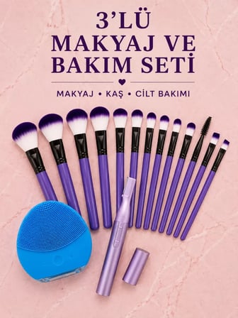 3’lü Makyaj ve Cilt Bakım Seti 12 Parça Makyaj Fırçası Kaş Alma Düzeltme ve Silikon Yüz Temizleme Cihazı