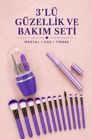 12’li Makyaj Fırça Seti Kaş Düzeltme Cihazı ve Tırnak Bakım Seti 3’lü Kadın Güzellik ve Kişisel Bakım Seti