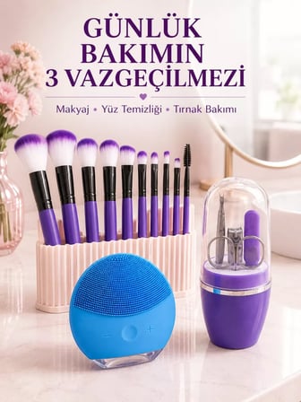 3’lü Güzellik ve Bakım Seti 12’li Mor Makyaj Fırçası Silikon Yüz Temizleme Cihazı ve Manikür Tırnak Bakım Seti