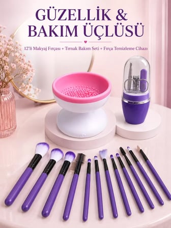Kadın Güzellik Seti 12 Parça Makyaj Fırçası Fırça Yıkama Temizleme Cihazı Manikür Pedikür Tırnak Bakım Seti