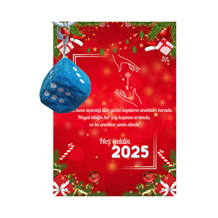 Yeni Yıl 2025 Kart Üzerinde Anahtarlık (Kişiye Özel Yazı Yazdırılabilir) Zar Model 5 Adet