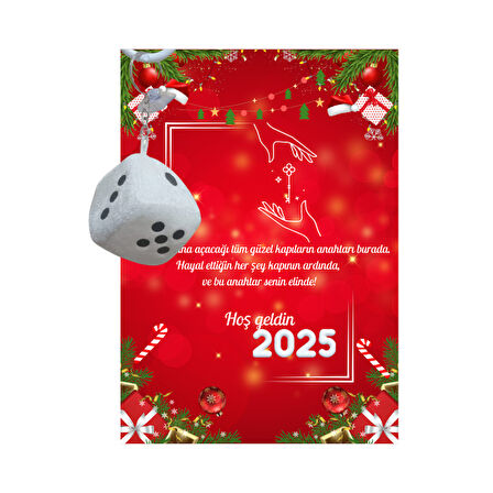Yeni Yıl 2025 Kart Üzerinde Anahtarlık (Kişiye Özel Yazı Yazdırılabilir) Zar Model