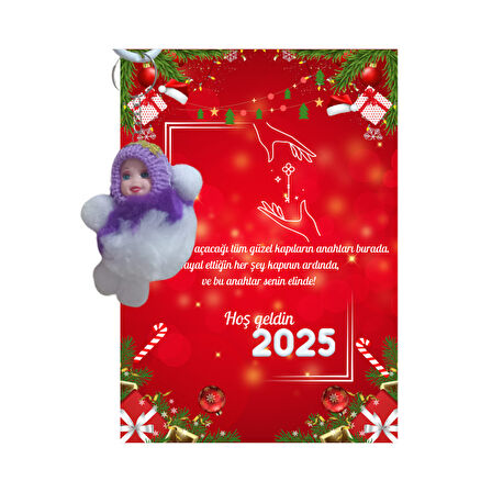 Yeni Yıl 2025 Kart Üzerinde Anahtarlık (Kişiye Özel Yazı Yazdırılabilir) Peluş Bebek 5 adet