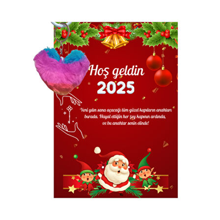 Yeni Yıl Noel Baba Kart Üzerinde Anahtarlık (Kişiye Özel Yazı Yazdırılabilir) Renkli Kalp 5 Adet
