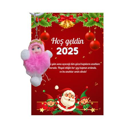 Yeni Yıl Noel Baba Kart Üzerinde Anahtarlık (Kişiye Özel Yazı Yazdırılabilir) Peluş Bebek 5 adet
