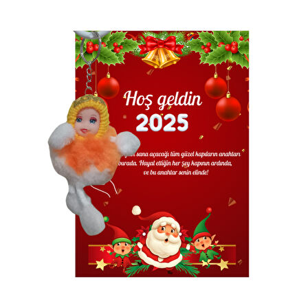 Yeni Yıl Noel Baba Kart Üzerinde Anahtarlık (Kişiye Özel Yazı Yazdırılabilir) Peluş Bebek 