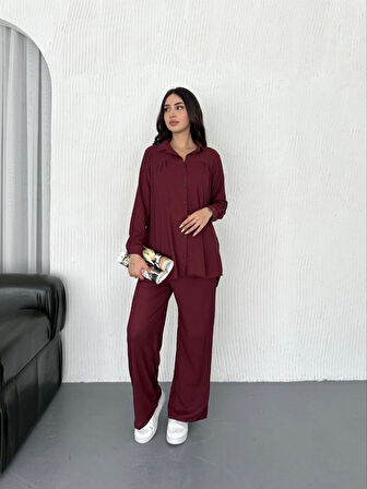 Yakalı Düğmeli Uzun Kollu Gömlek Pantolon Ikili Takım - Bordo
