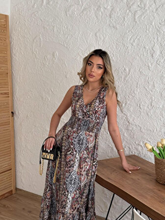 Kadın Beli Gipeli Etnik Desen Sıfır Kol Süprem Elbise