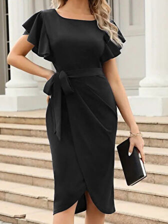 Kadın Kısa Fırfır Kollu Yakası Açık Belden Kuşaklı çapraz Kesim Detaylı Ithal Krep Elbise