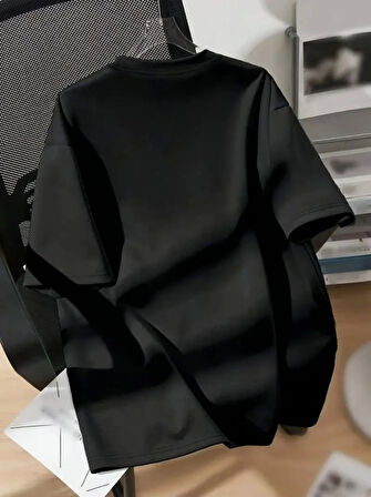 Baskılı Oversize Bisiklet Yaka T-shirt - Siyah